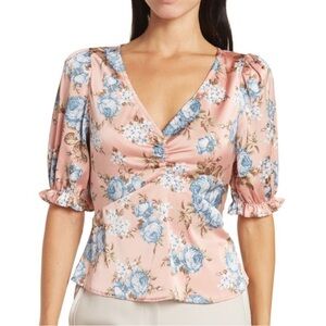 Ways Floral Puff sleeve Pink and Blue Women's Top Blouse